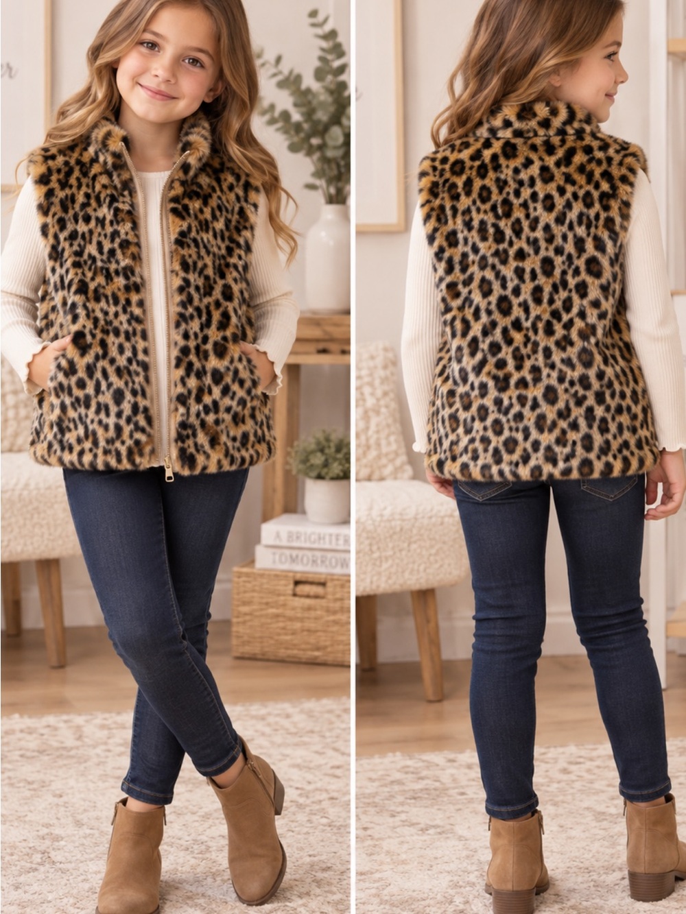 Crewcuts Girls Leopard Faux Fur Vest in Tan and Black size medium